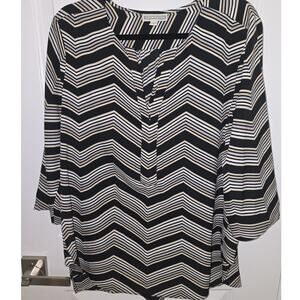 Dana Buchman Womens Blouse Top Size XL 3/4 Sleeve Beige Black Gray Stripes